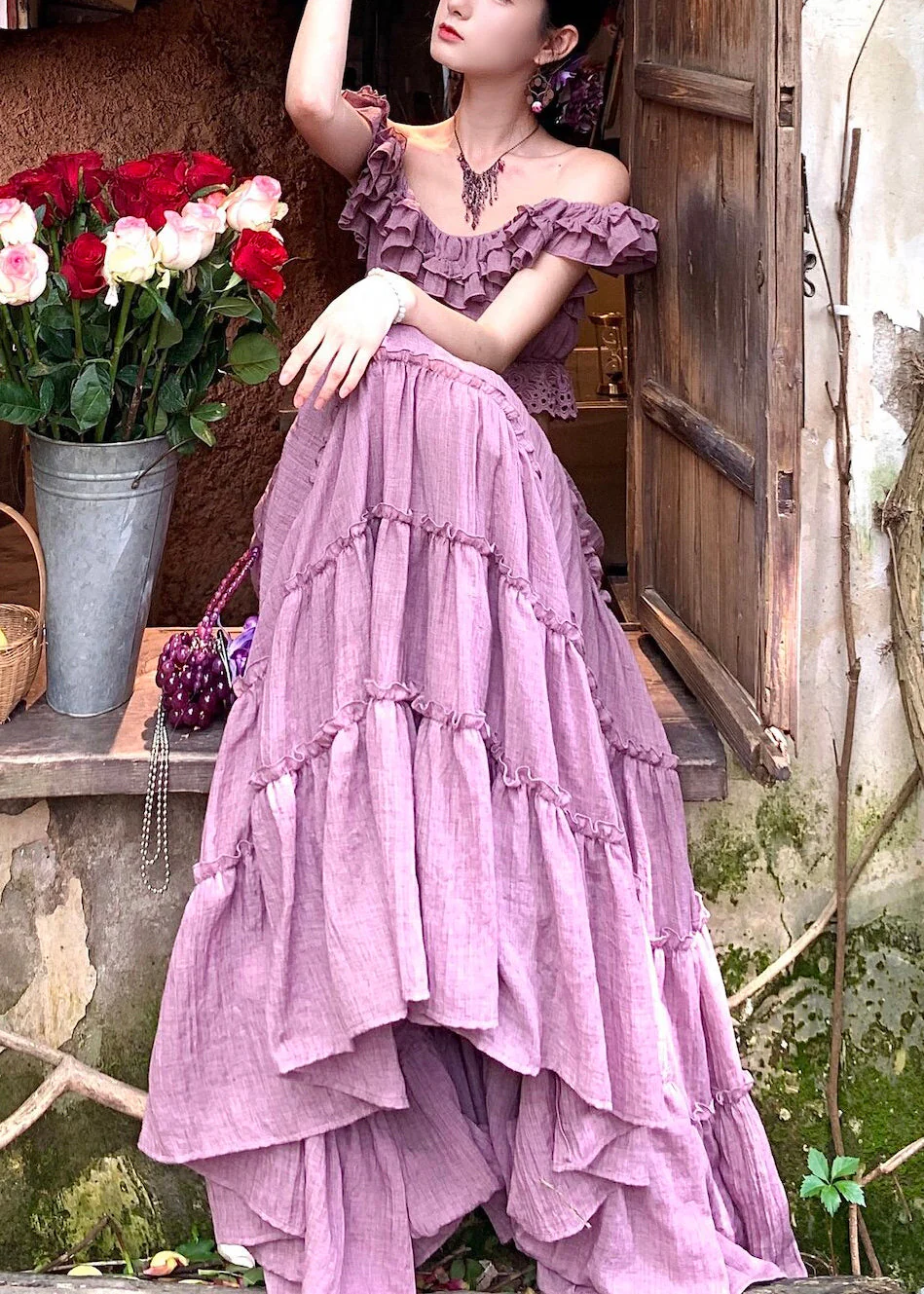 Elegant Purple Elastic Waist Top And A Line Skirts Two Pieces Set Summer - Image 3