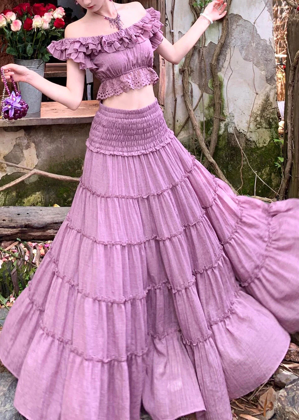 Elegant Purple Elastic Waist Top And A Line Skirts Two Pieces Set Summer - Image 4