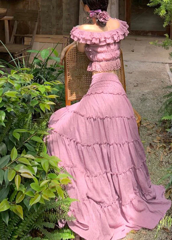 Elegant Purple Elastic Waist Top And A Line Skirts Two Pieces Set Summer - Image 5