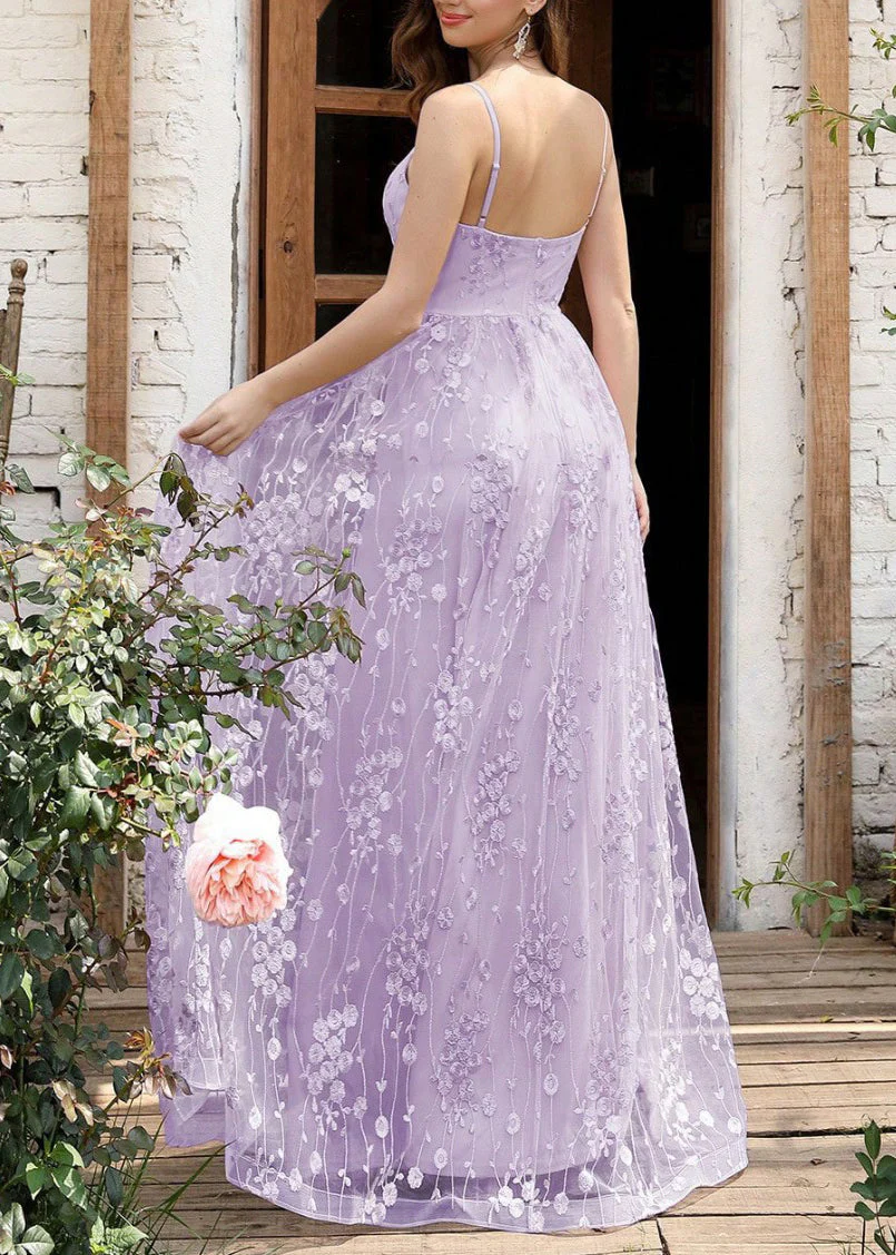 Elegant Purple Embroidered Backless Tulle Spaghetti Strap Dress Sleeveless - Image 5