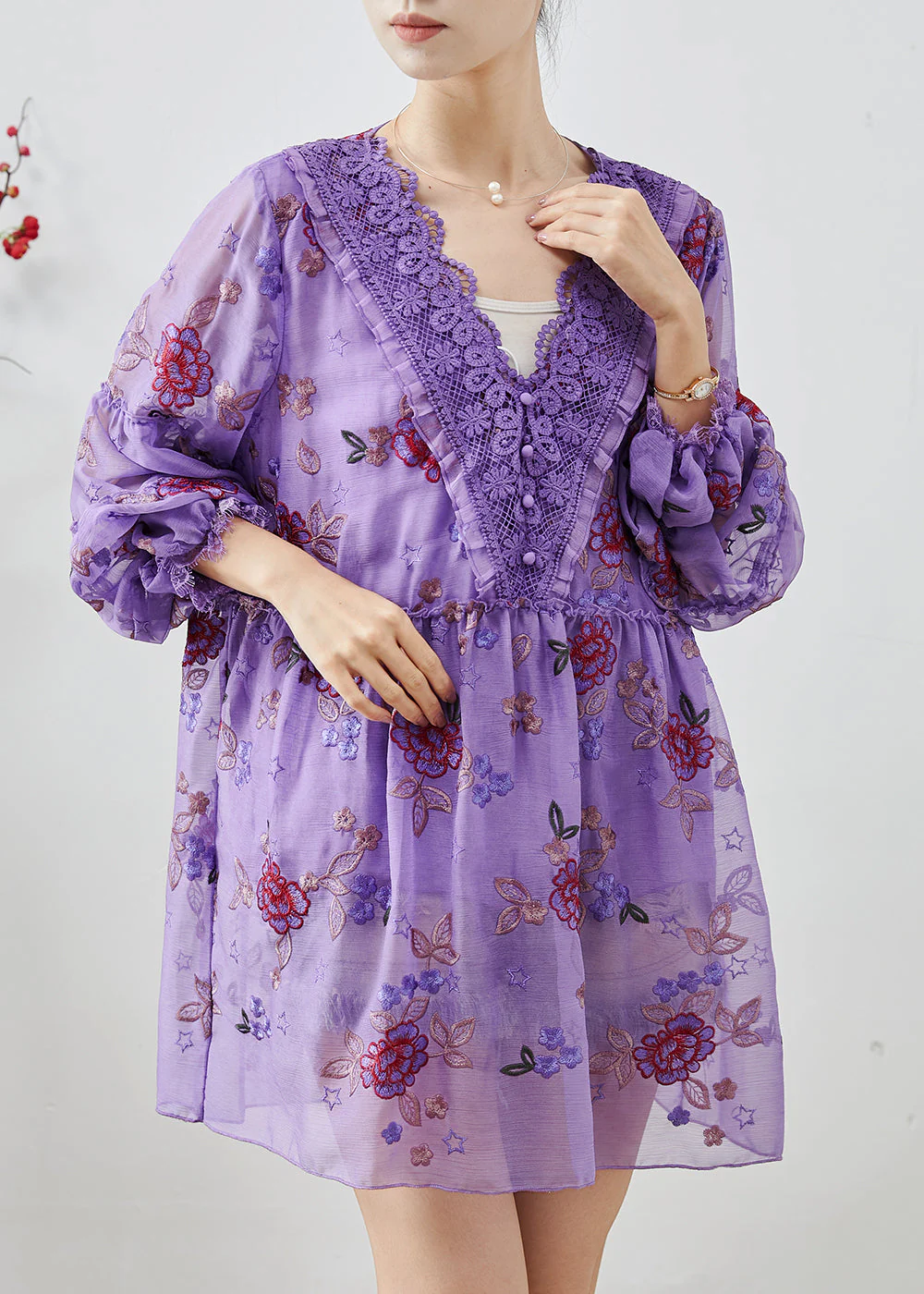 Elegant Purple Embroidered Patchwork Chiffon Vacation Dress Fall - Image 2