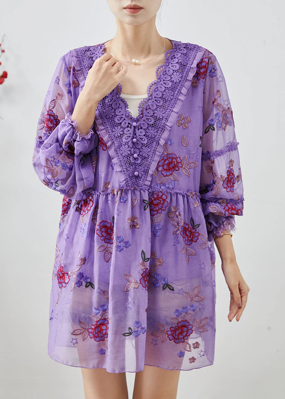 Elegant Purple Embroidered Patchwork Chiffon Vacation Dress Fall - Image 3