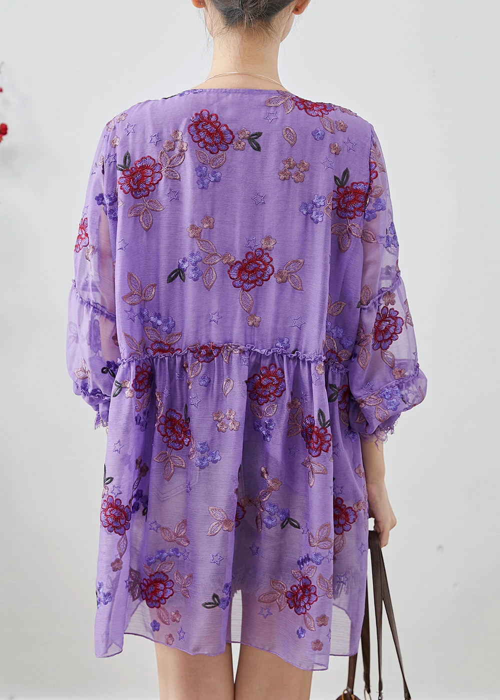 Elegant Purple Embroidered Patchwork Chiffon Vacation Dress Fall - Image 4