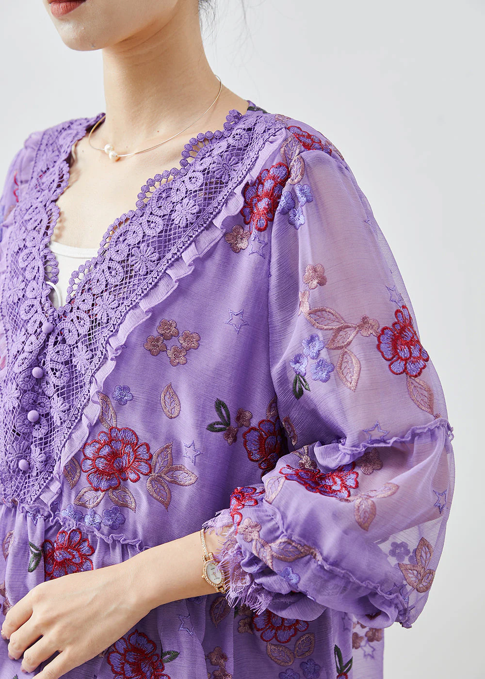 Elegant Purple Embroidered Patchwork Chiffon Vacation Dress Fall - Image 5