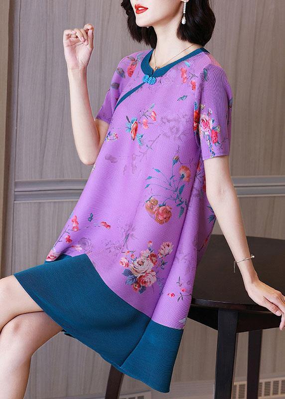 Elegant Purple Floral Oriental Mini Dress Summer Outfits - Image 3