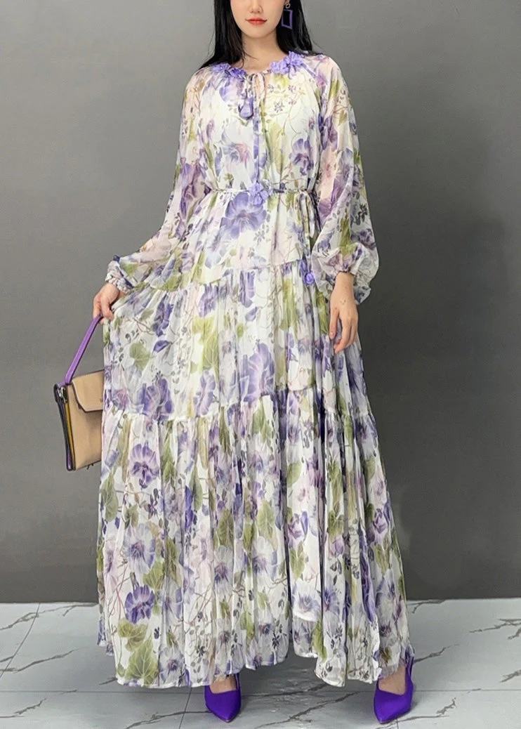 Elegant Purple Lace Up Print Chiffon Fall Long Dress - Image 2