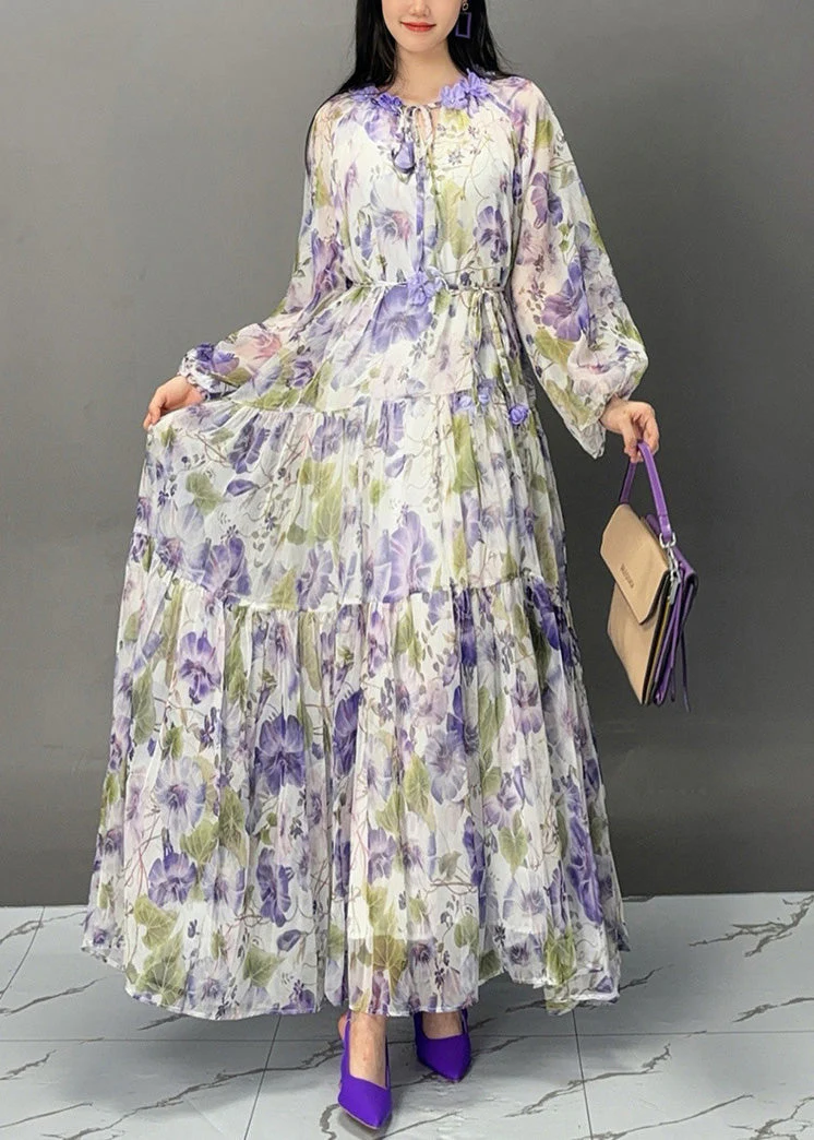 Elegant Purple Lace Up Print Chiffon Fall Long Dress - Image 3