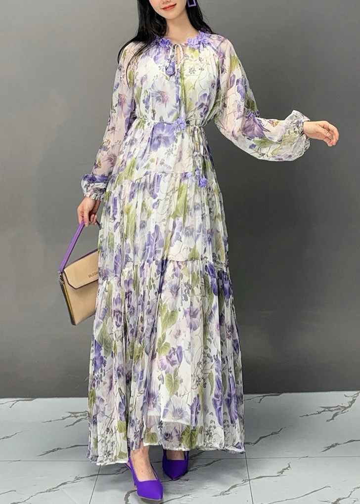 Elegant Purple Lace Up Print Chiffon Fall Long Dress - Image 4