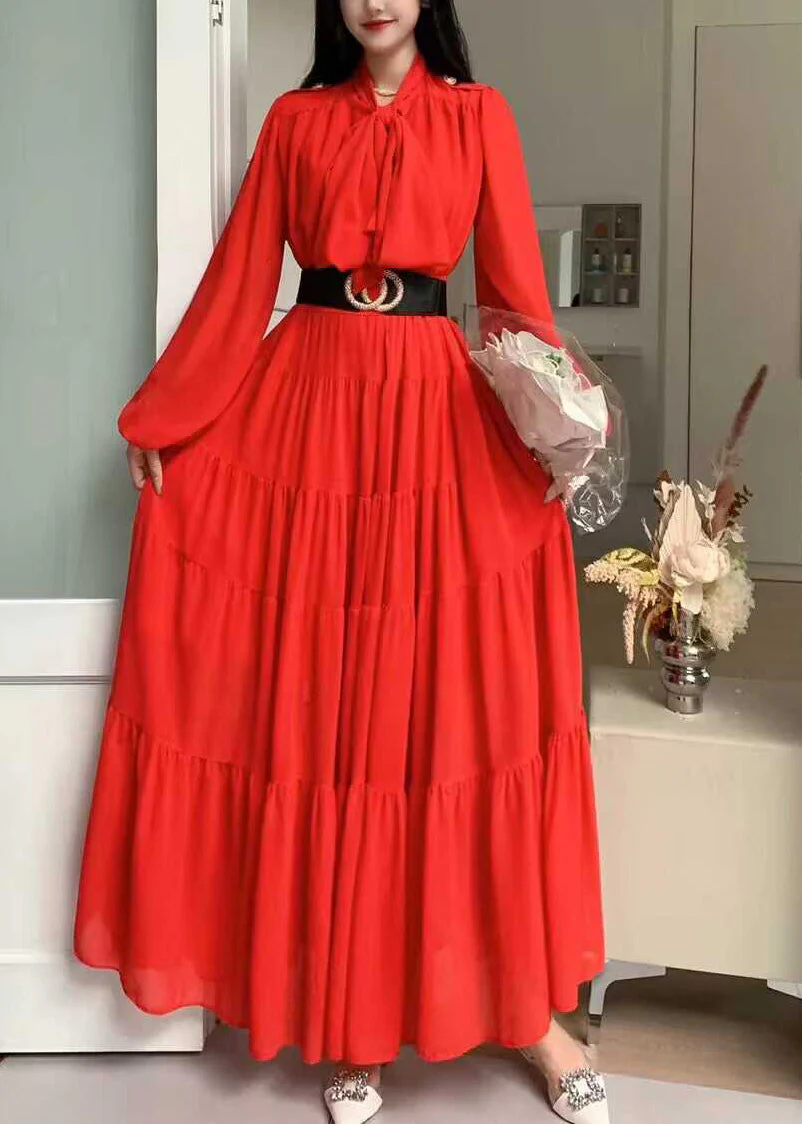 Elegant Purple Lace Up Wrinkled Patchwork Chiffon Dress Long Sleeve - Image 3