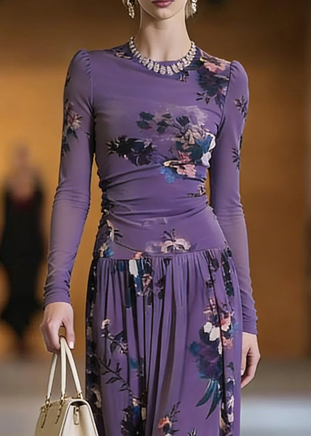 Elegant Purple O-Neck Print Top And Maxi Skirts Two Pieces Set Spring - Image 2