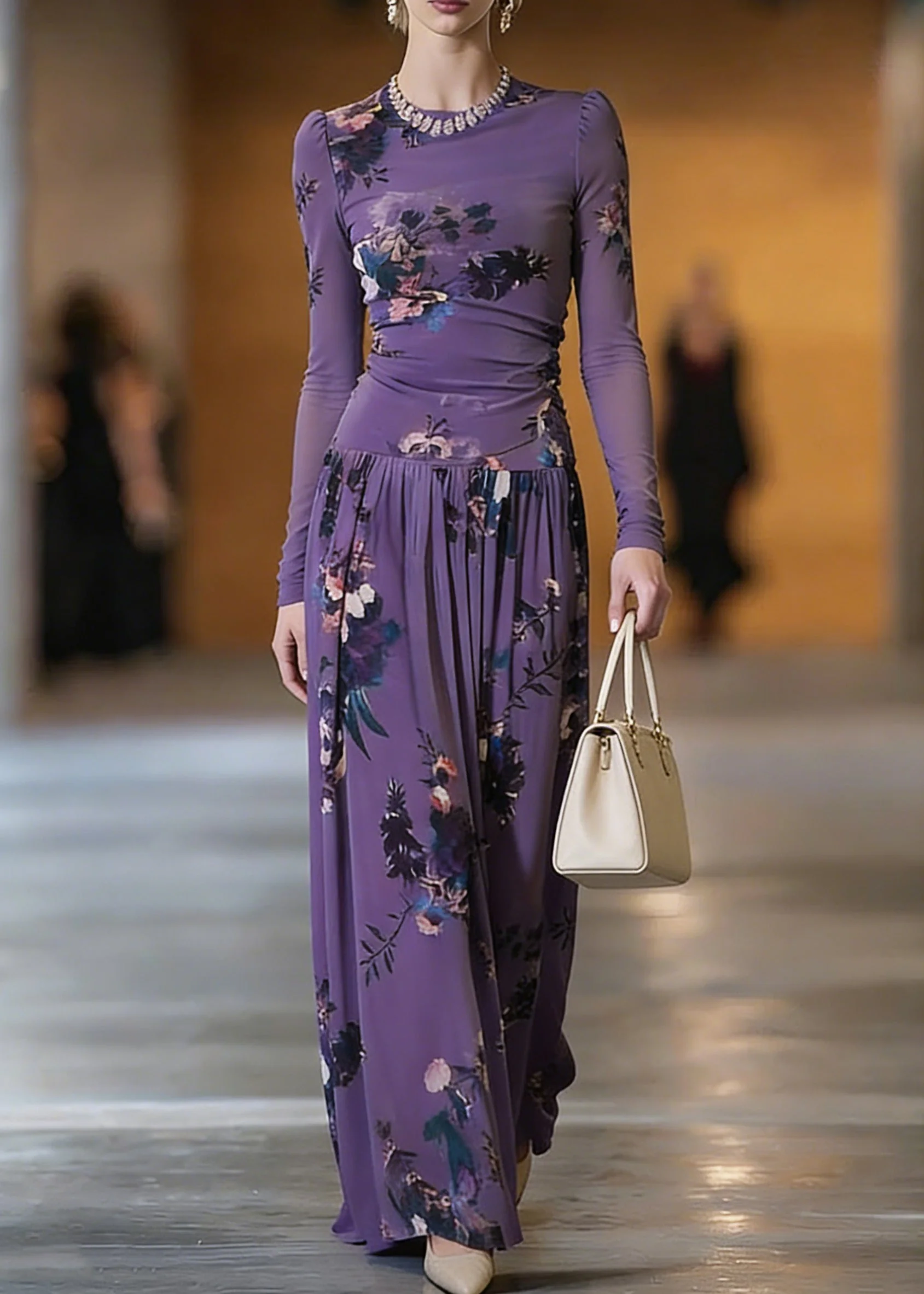 Elegant Purple O-Neck Print Top And Maxi Skirts Two Pieces Set Spring - Image 3