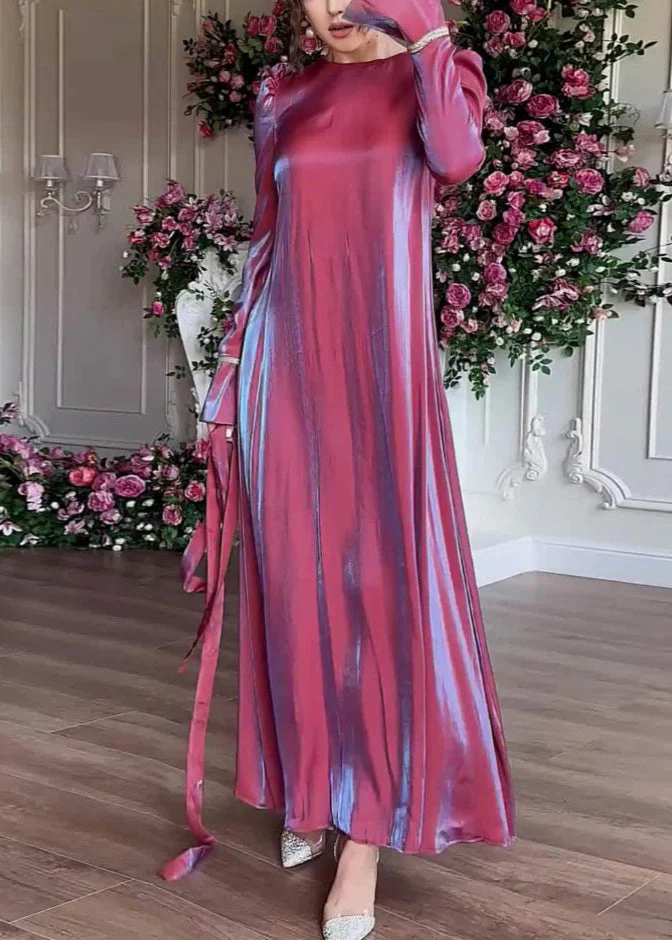Elegant Purple O Neck Silk Maxi Dress Spring - Image 3