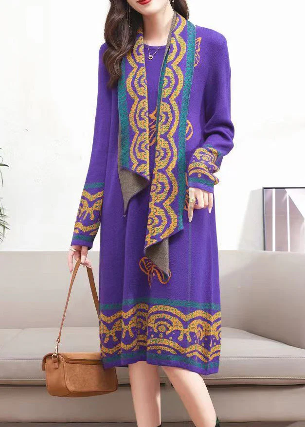 Elegant Purple O-Neck Tops Scarf Dresses Cotton Knit Two Pieces Set Winter - Image 3