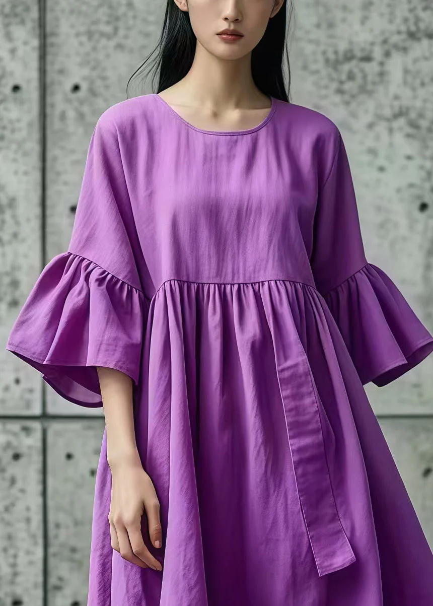 Elegant Purple Oversized Cotton Day Dress Flare Sleeve - Image 2