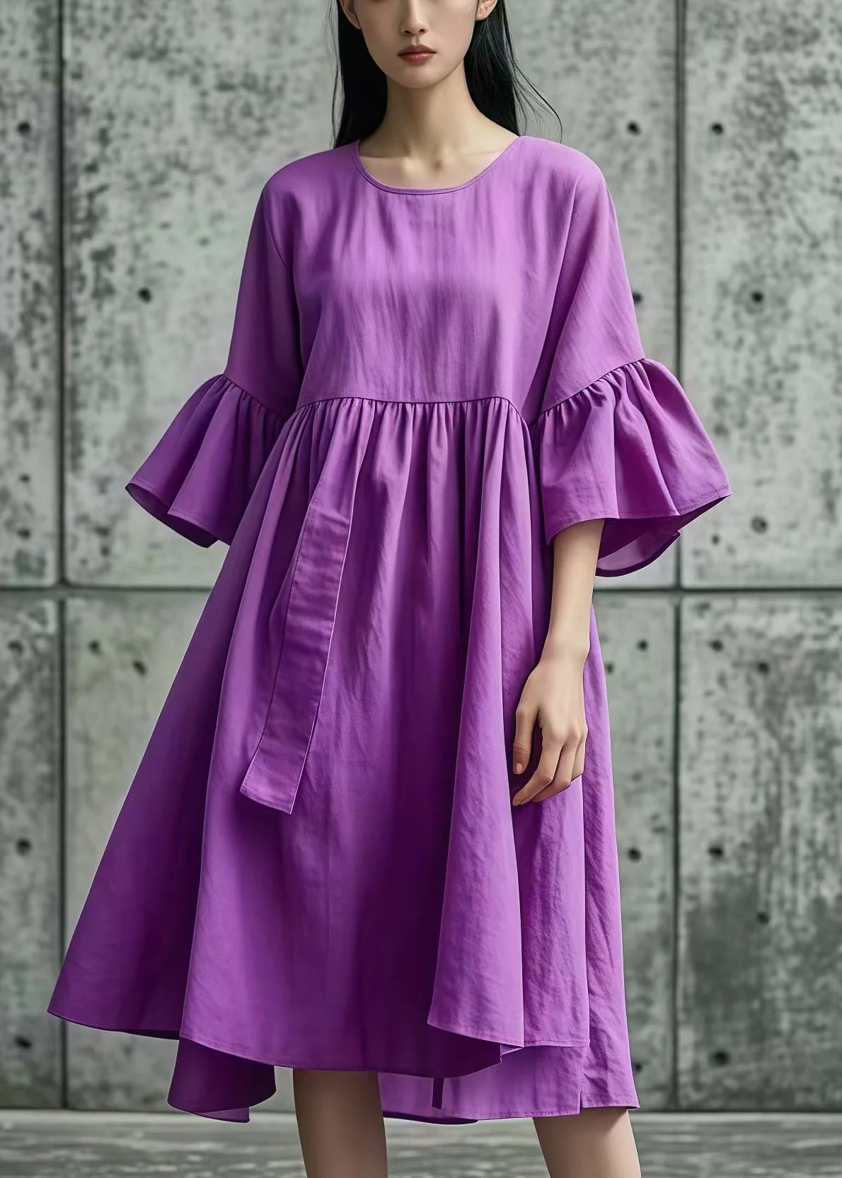 Elegant Purple Oversized Cotton Day Dress Flare Sleeve - Image 3