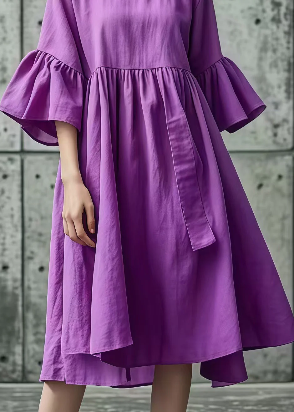 Elegant Purple Oversized Cotton Day Dress Flare Sleeve - Image 4