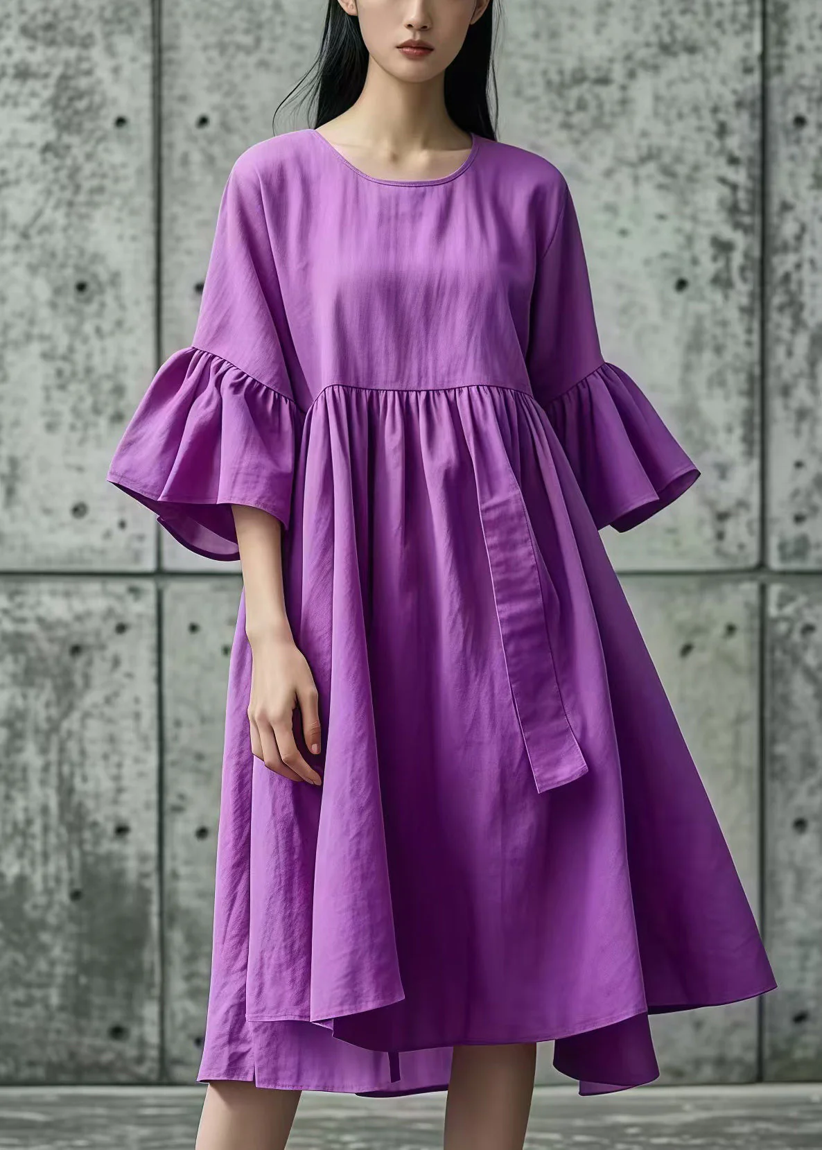 Elegant Purple Oversized Cotton Day Dress Flare Sleeve - Image 5