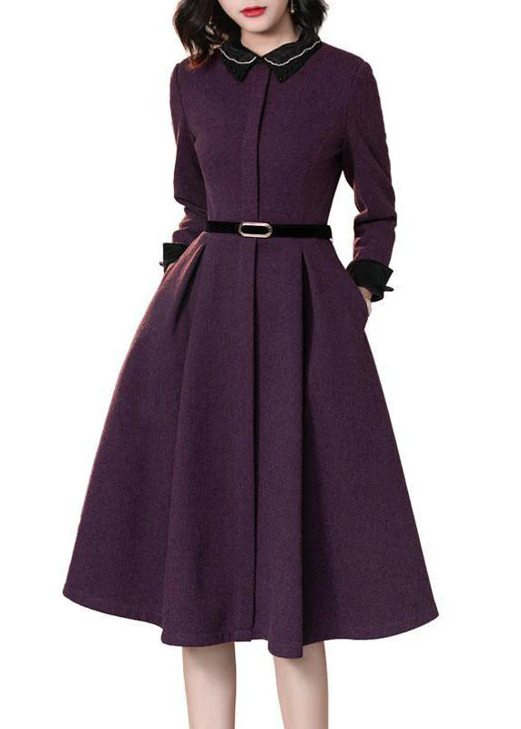 Elegant Purple Peter Pan Collar Patchwork Cotton Cinch Dress Long Sleeve - Image 5