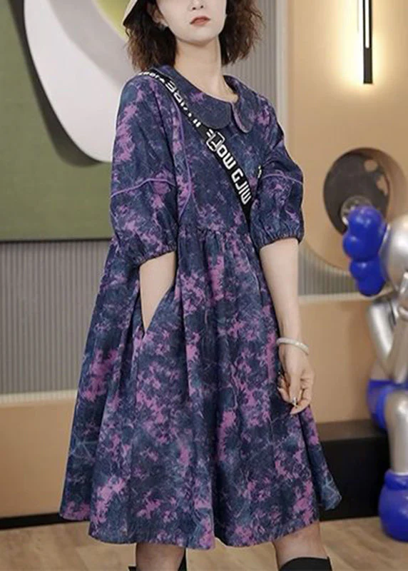 Elegant Purple Peter Pan Collar Tie Dye Wrinkled Vacation Long Dresses Half Sleeve - Image 2