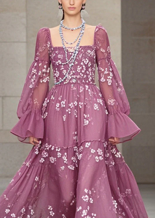 Elegant Purple Print Chiffon Dresses Exra Large Hem Fall - Image 2