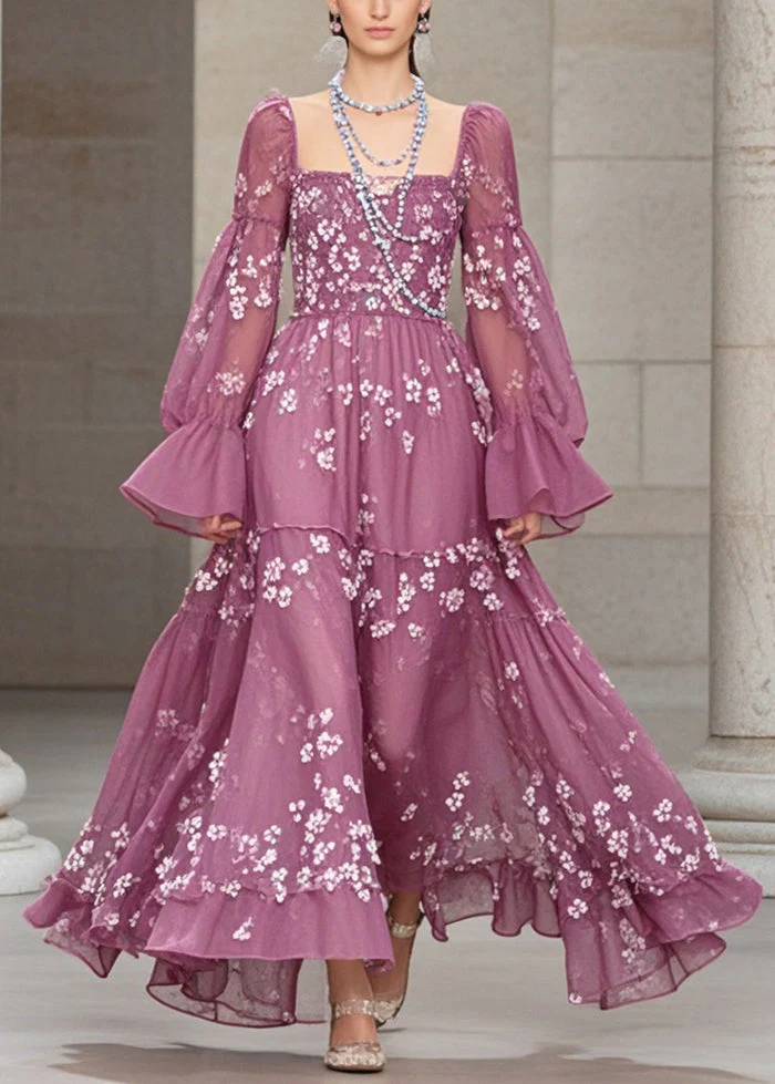 Elegant Purple Print Chiffon Dresses Exra Large Hem Fall - Image 3