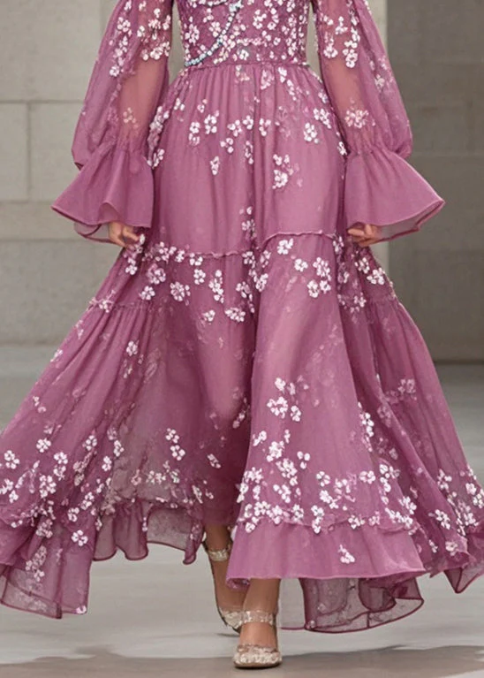 Elegant Purple Print Chiffon Dresses Exra Large Hem Fall - Image 4