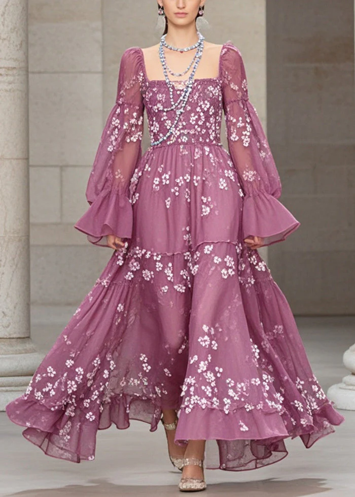 Elegant Purple Print Chiffon Dresses Exra Large Hem Fall - Image 5