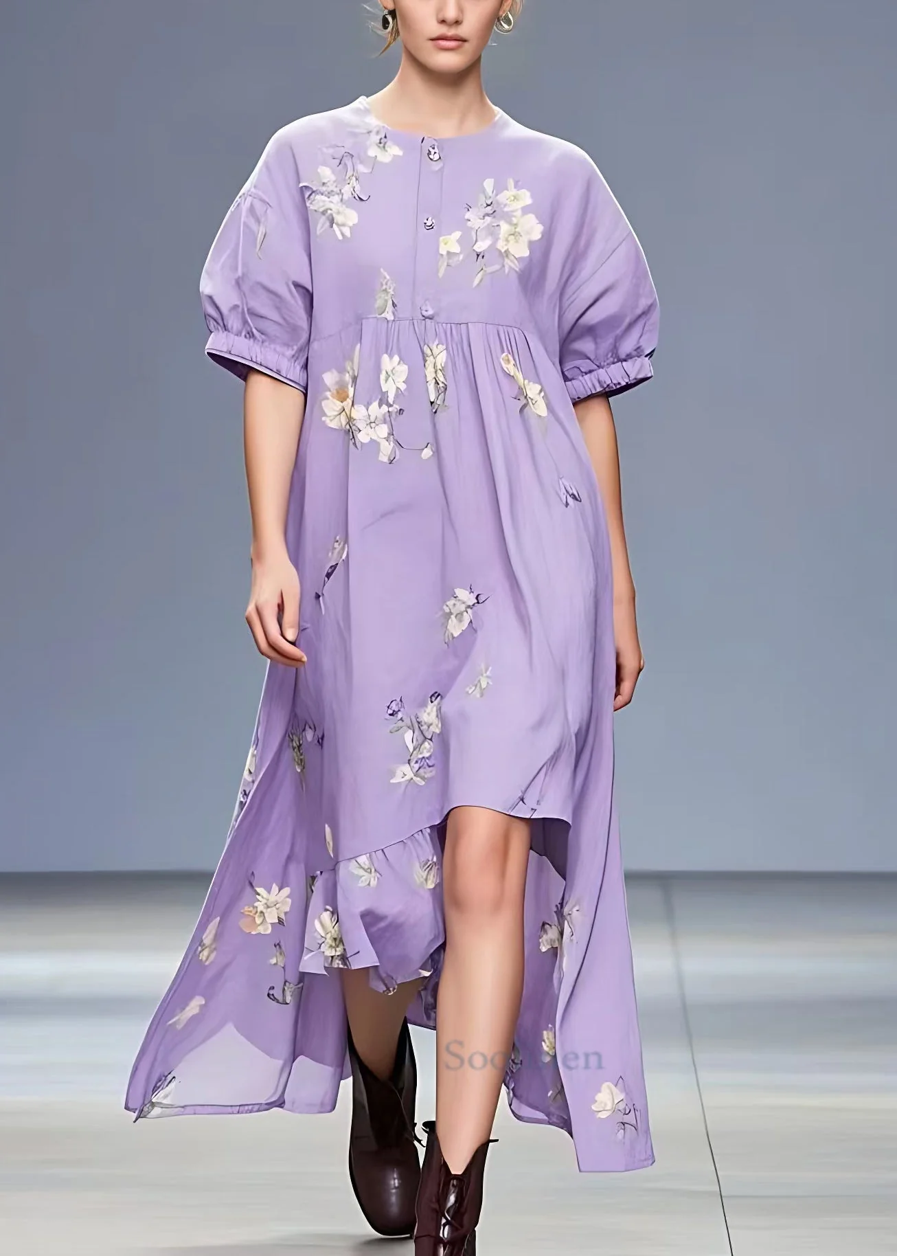 Elegant Purple Print Low High Design Cotton Dress Summer - Image 2