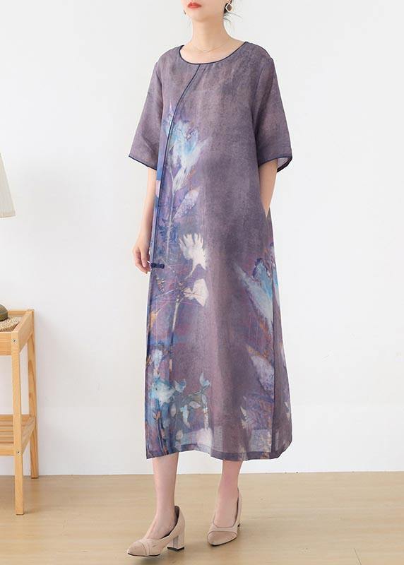 Elegant Purple Print O-Neck Maxi Summer Linen Dress - Image 2