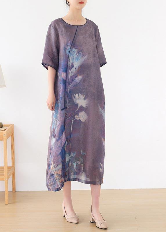 Elegant Purple Print O-Neck Maxi Summer Linen Dress - Image 3