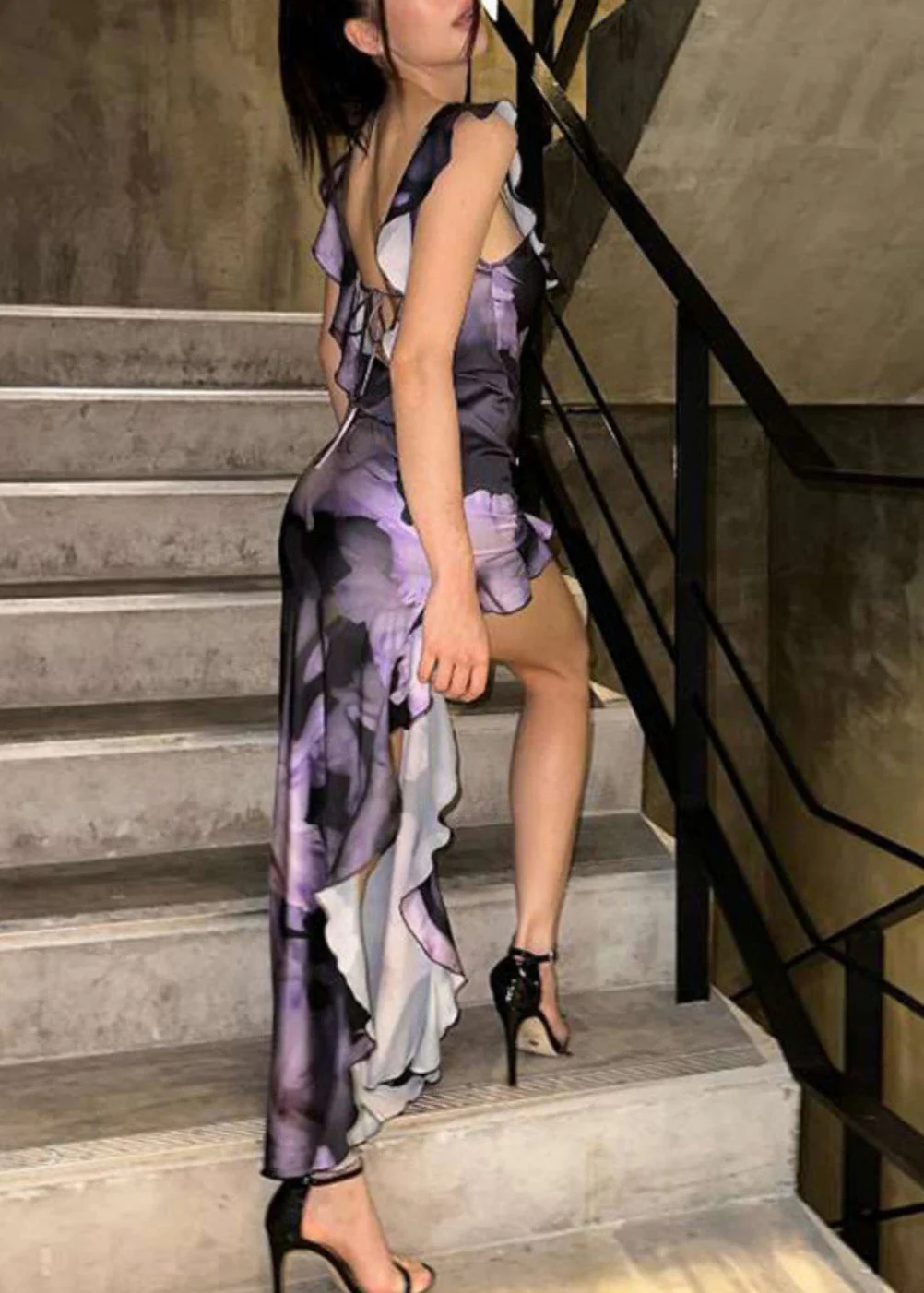 Elegant Purple Ruffled Asymmetrical Print Cotton Dress Summer - Image 2