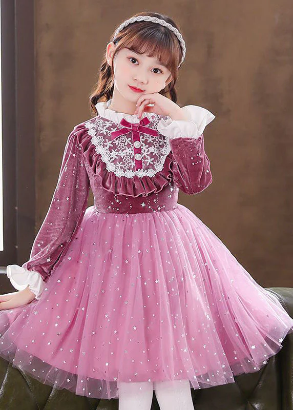 Elegant Purple Ruffled Velour Patchwork Tulle Baby Girls Dress Fall - Image 2