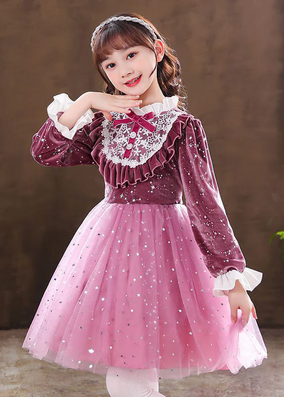 Elegant Purple Ruffled Velour Patchwork Tulle Baby Girls Dress Fall - Image 3