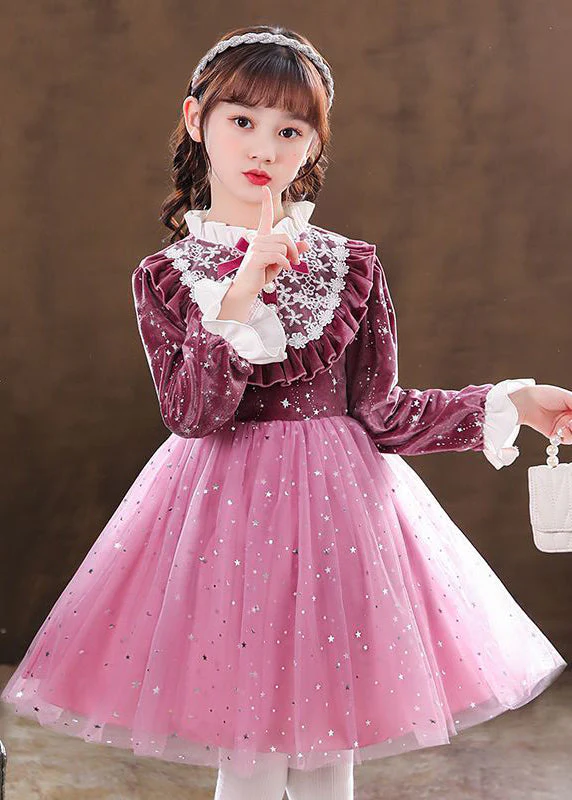 Elegant Purple Ruffled Velour Patchwork Tulle Baby Girls Dress Fall - Image 4
