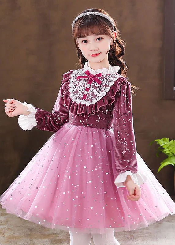 Elegant Purple Ruffled Velour Patchwork Tulle Baby Girls Dress Fall - Image 5