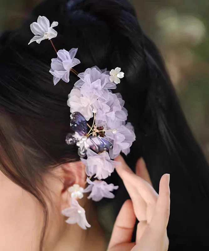 Elegant Purple Tulle Pearl Floral Hairpin - Image 3