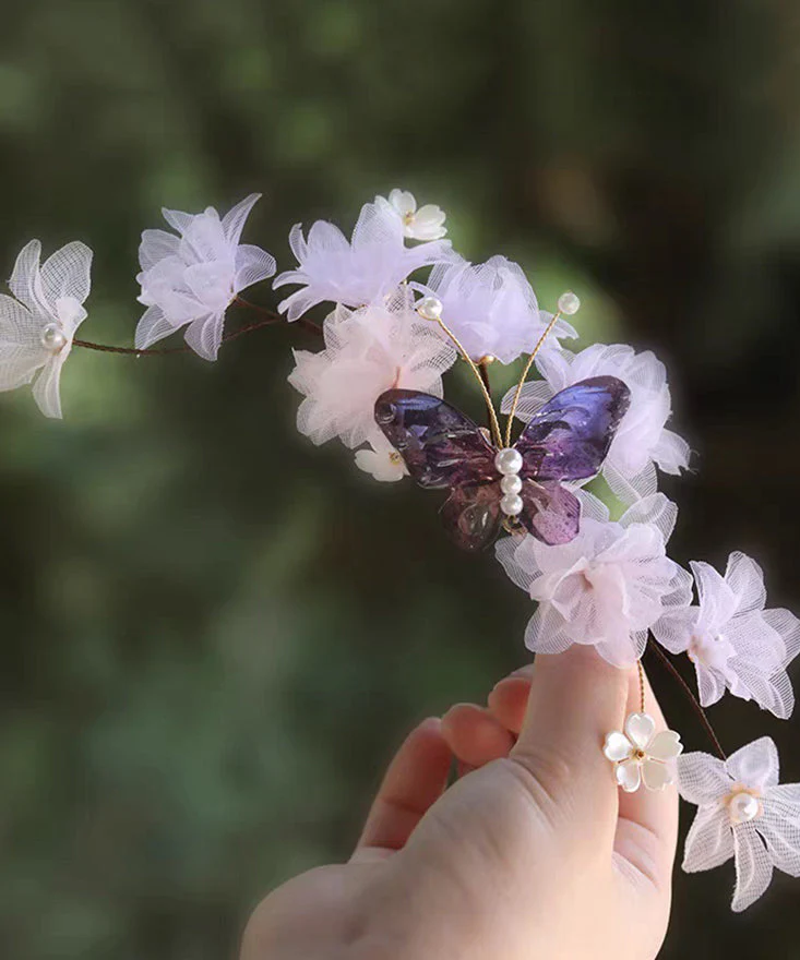 Elegant Purple Tulle Pearl Floral Hairpin - Image 5