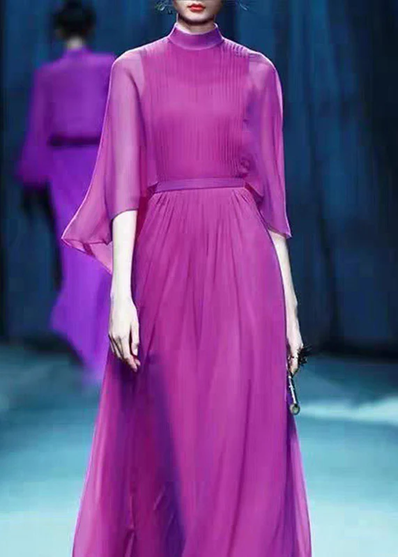 Elegant Purple Turtleneck High Waist Chiffon Long Dresses Three Quarter Sleeve - Image 2