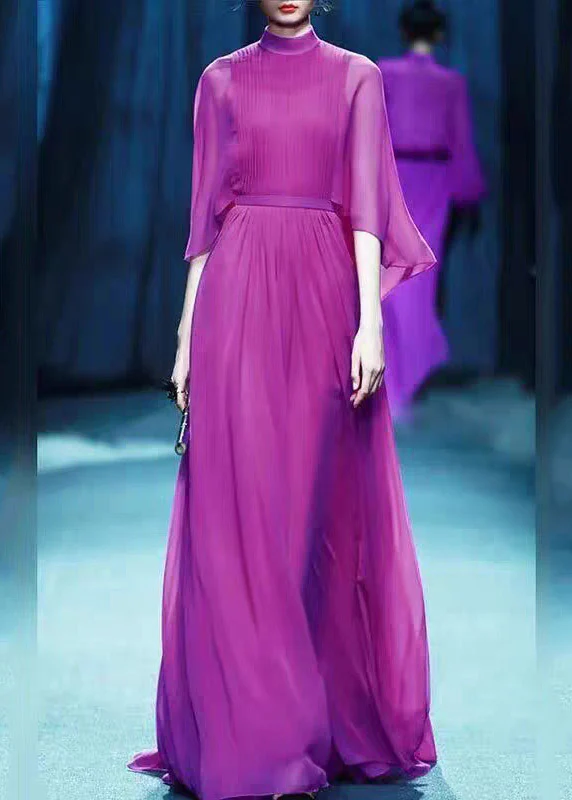 Elegant Purple Turtleneck High Waist Chiffon Long Dresses Three Quarter Sleeve - Image 3
