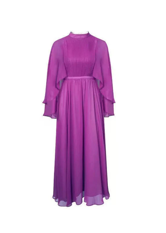 Elegant Purple Turtleneck High Waist Chiffon Long Dresses Three Quarter Sleeve - Image 4