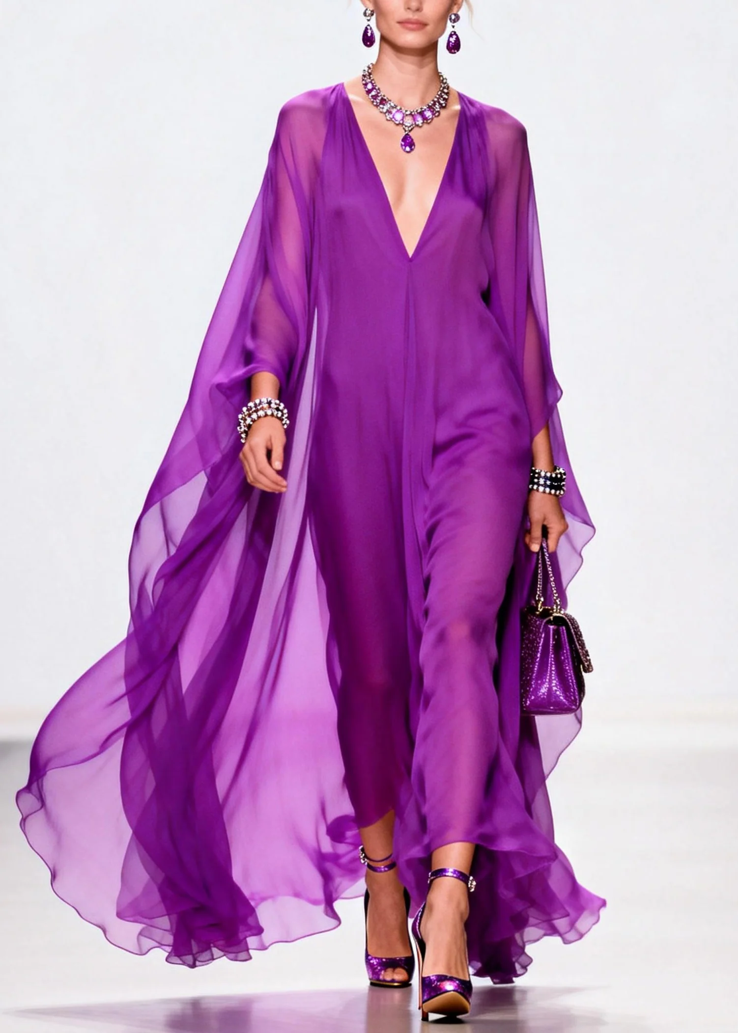 Elegant Purple V Neck Exra Large Hem Chiffon Holiday Dress Summer - Image 3