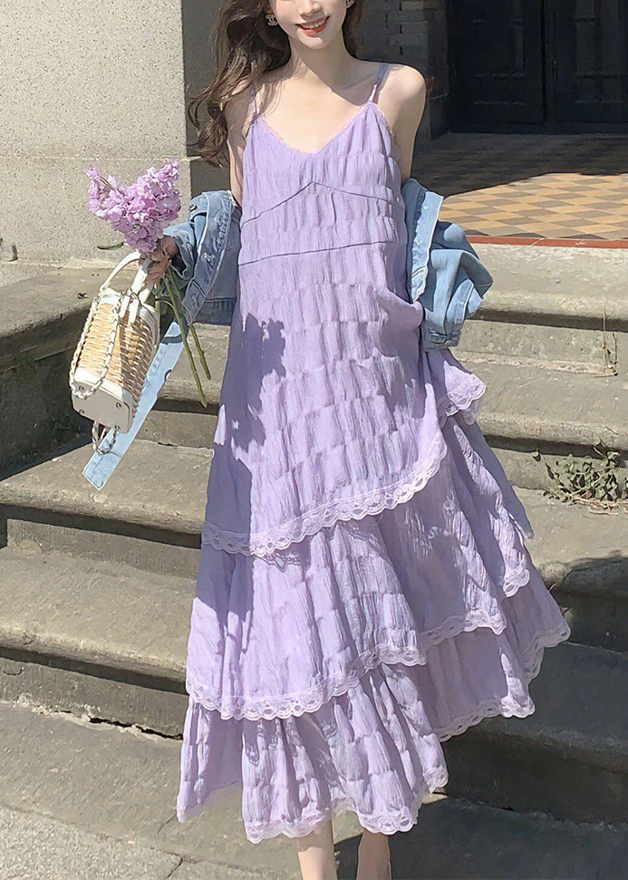 Elegant Purple V Neck Lace Cotton Spaghetti Strap Dress Sleeveless
