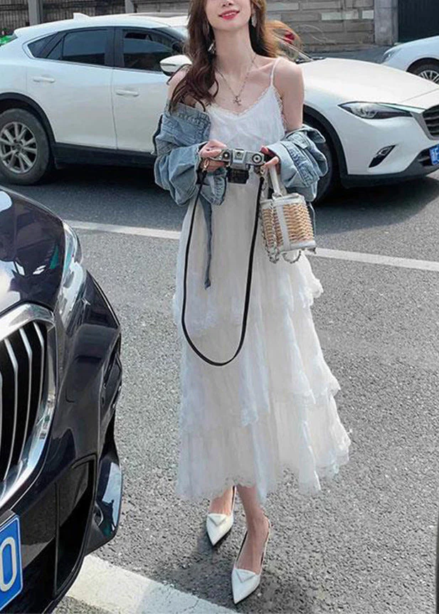 Elegant Purple V Neck Lace Cotton Spaghetti Strap Dress Sleeveless - Image 2