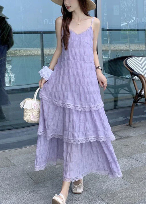 Elegant Purple V Neck Lace Cotton Spaghetti Strap Dress Sleeveless - Image 3