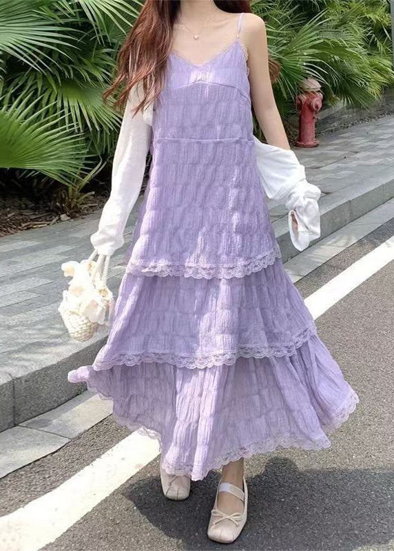 Elegant Purple V Neck Lace Cotton Spaghetti Strap Dress Sleeveless - Image 4