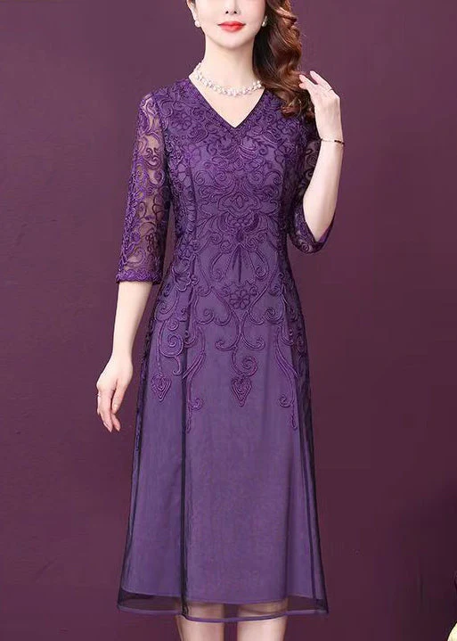 Elegant Purple V Neck Lace Patchwork Tulle Dresses Half Sleeve - Image 2