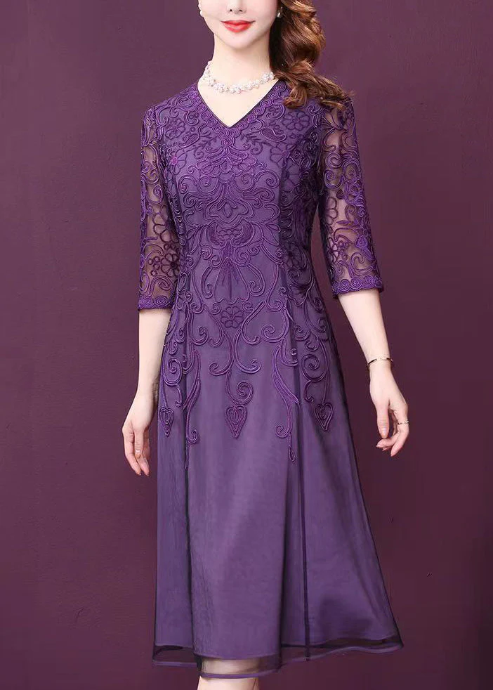 Elegant Purple V Neck Lace Patchwork Tulle Dresses Half Sleeve - Image 3