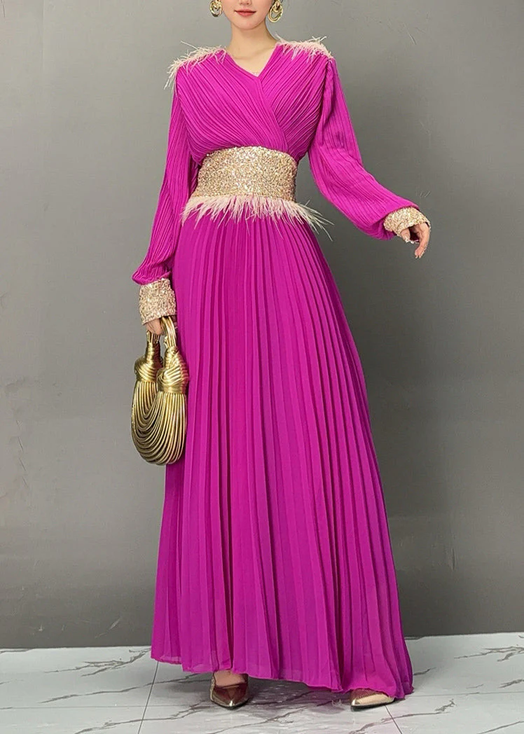 Elegant Purple V Neck Long Dresses Lantern Sleeve - Image 2