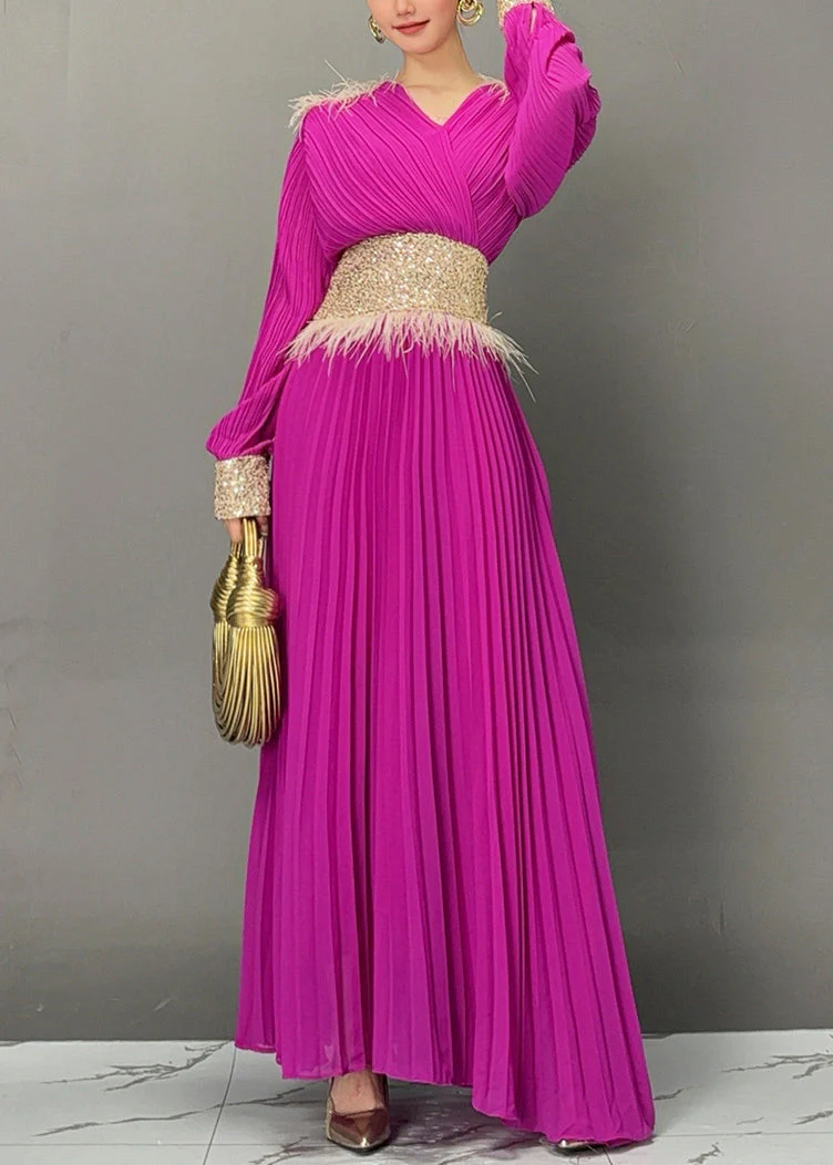 Elegant Purple V Neck Long Dresses Lantern Sleeve - Image 3