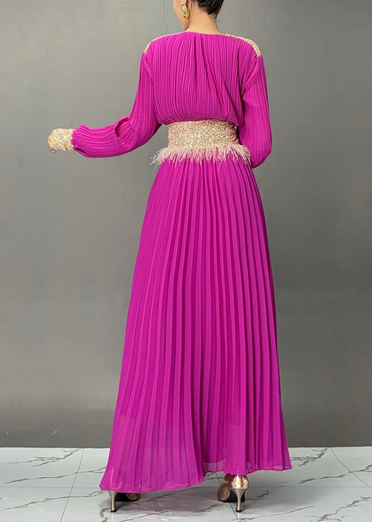 Elegant Purple V Neck Long Dresses Lantern Sleeve - Image 4
